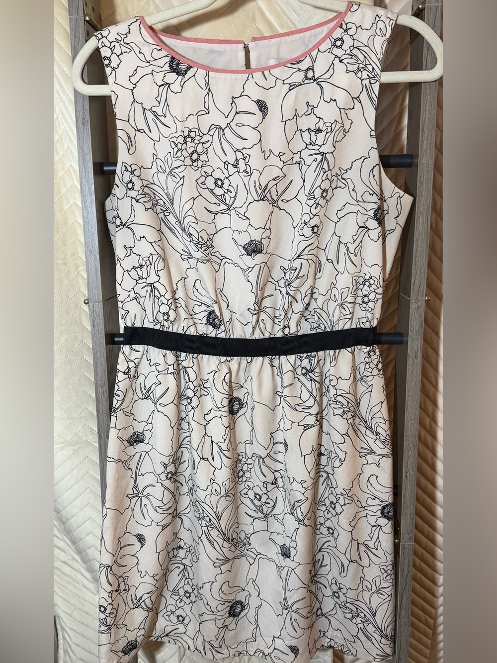 LOFT Cream Floral Dress with Black Waistband